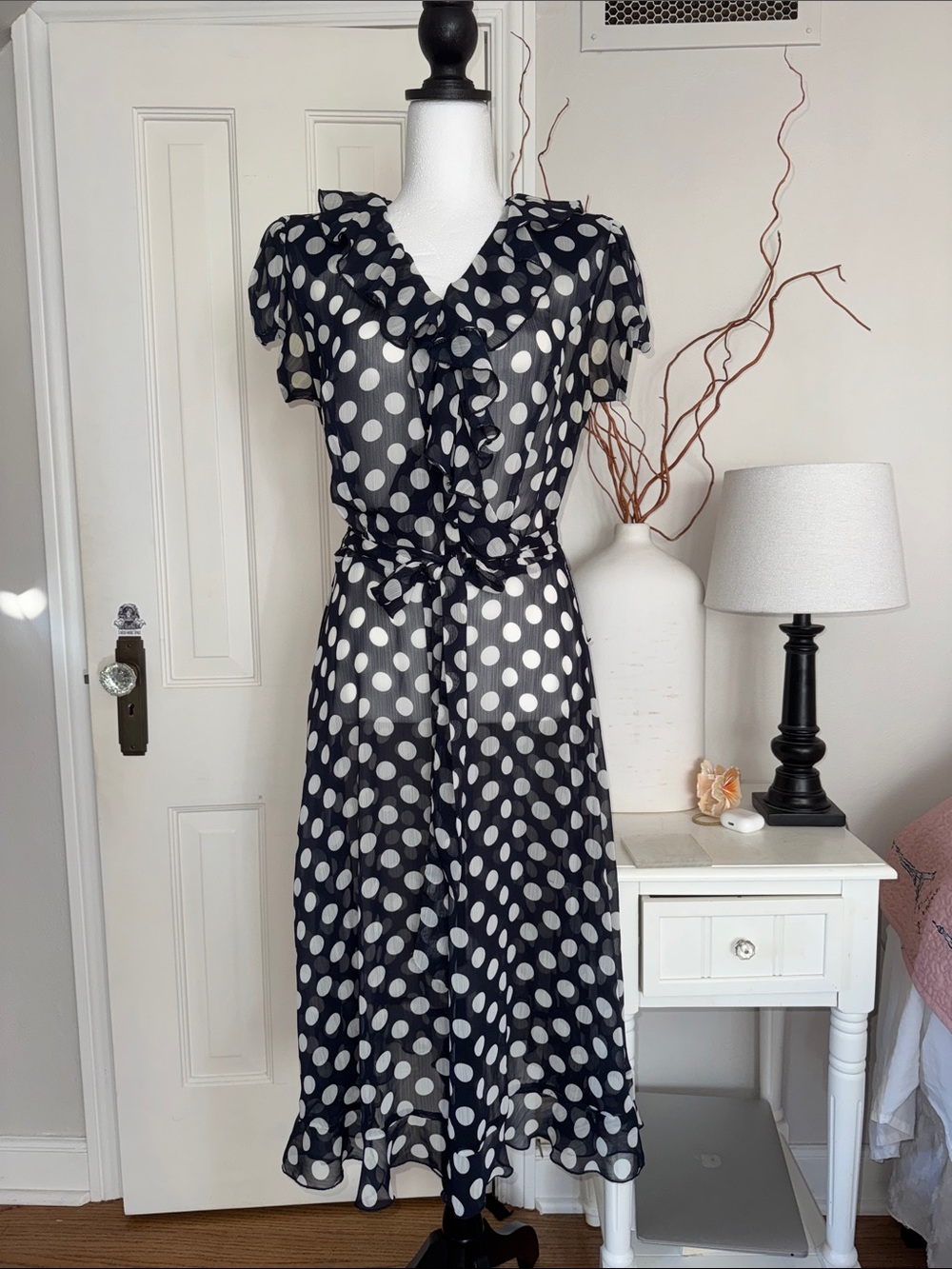 MSK Navy Blue Polka Dot Ruffle Sheer/See Through Midi Dress